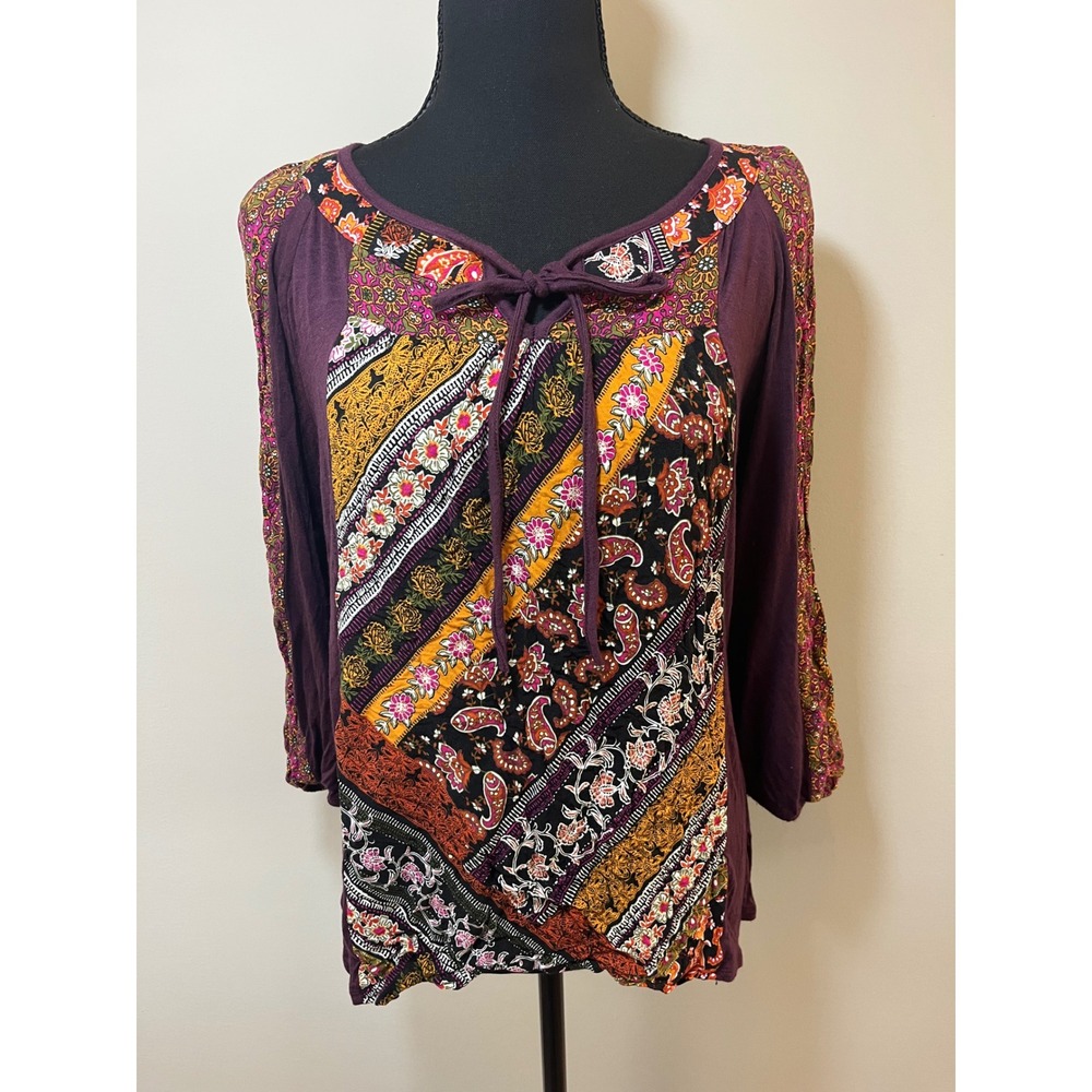 Anthropologie Fig and Flower Boho Mixed Media Patchwork Tie Neck Top‎ Size M